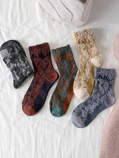 20pairs Women Retro 3D Floral Print Casual Comfortable Mid-Calf Socks Multicolor