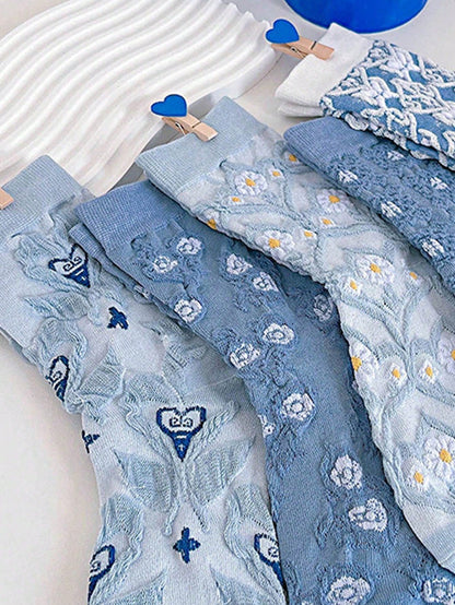 20pairs Women Retro 3D Floral Print Casual Comfortable Mid-Calf Socks Multicolor