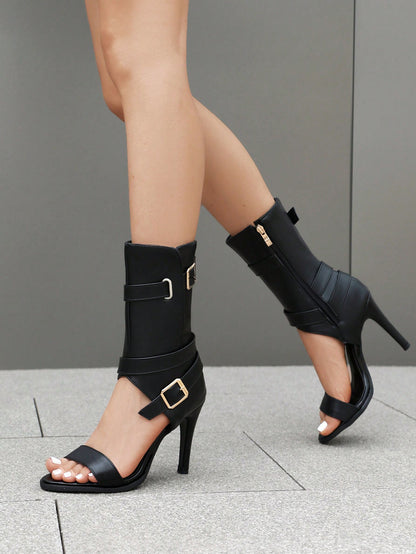 JIAOFEITI Spring & Fall Fashion Pointed Toe Slim Heeled Short Boots Women Sexy Mid-Calf Boots Black