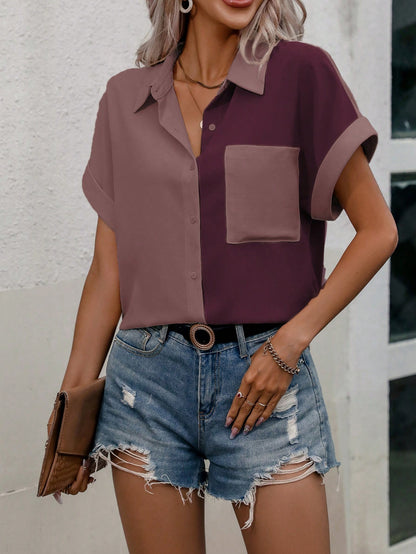 SHEIN LUNE Contrast Color Button Front Pocket Short Sleeve Shirt, Summer,Short Sleeve Tops Red Violet