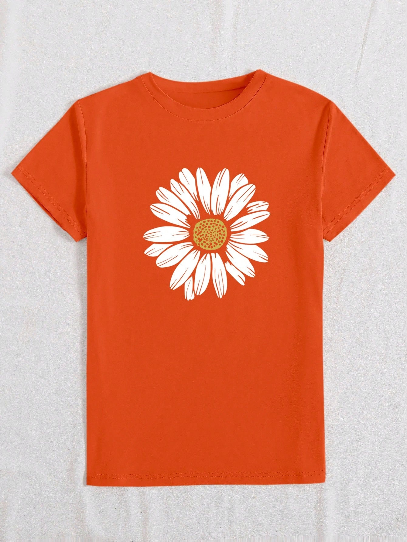 INAWLY Floral Print Short Sleeve Casual T-Shirt, Women Round Neck Pullover Flower Pattern Top Graphic Tees Women Tops Orange