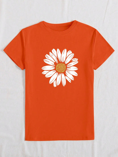 INAWLY Floral Print Short Sleeve Casual T-Shirt, Women Round Neck Pullover Flower Pattern Top Graphic Tees Women Tops Orange