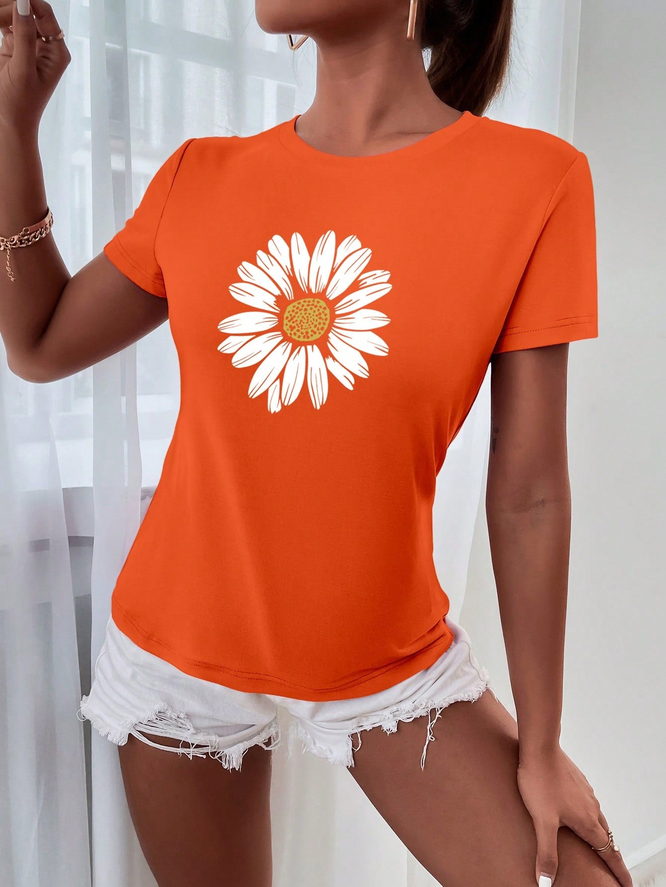 INAWLY Floral Print Short Sleeve Casual T-Shirt, Women Round Neck Pullover Flower Pattern Top Graphic Tees Women Tops Orange