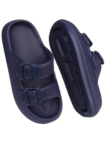Kids Cloud Buckle Slides Boys Girls Slip On Sandals Youth Adjustable Flip Flops EVA Summer Slippers Beach Pool Shower Shoes deep blue