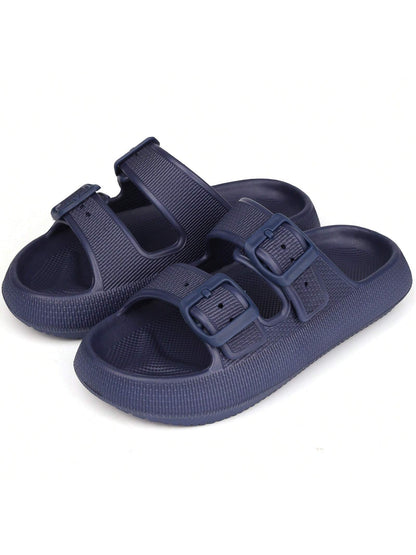 Kids Cloud Buckle Slides Boys Girls Slip On Sandals Youth Adjustable Flip Flops EVA Summer Slippers Beach Pool Shower Shoes deep blue