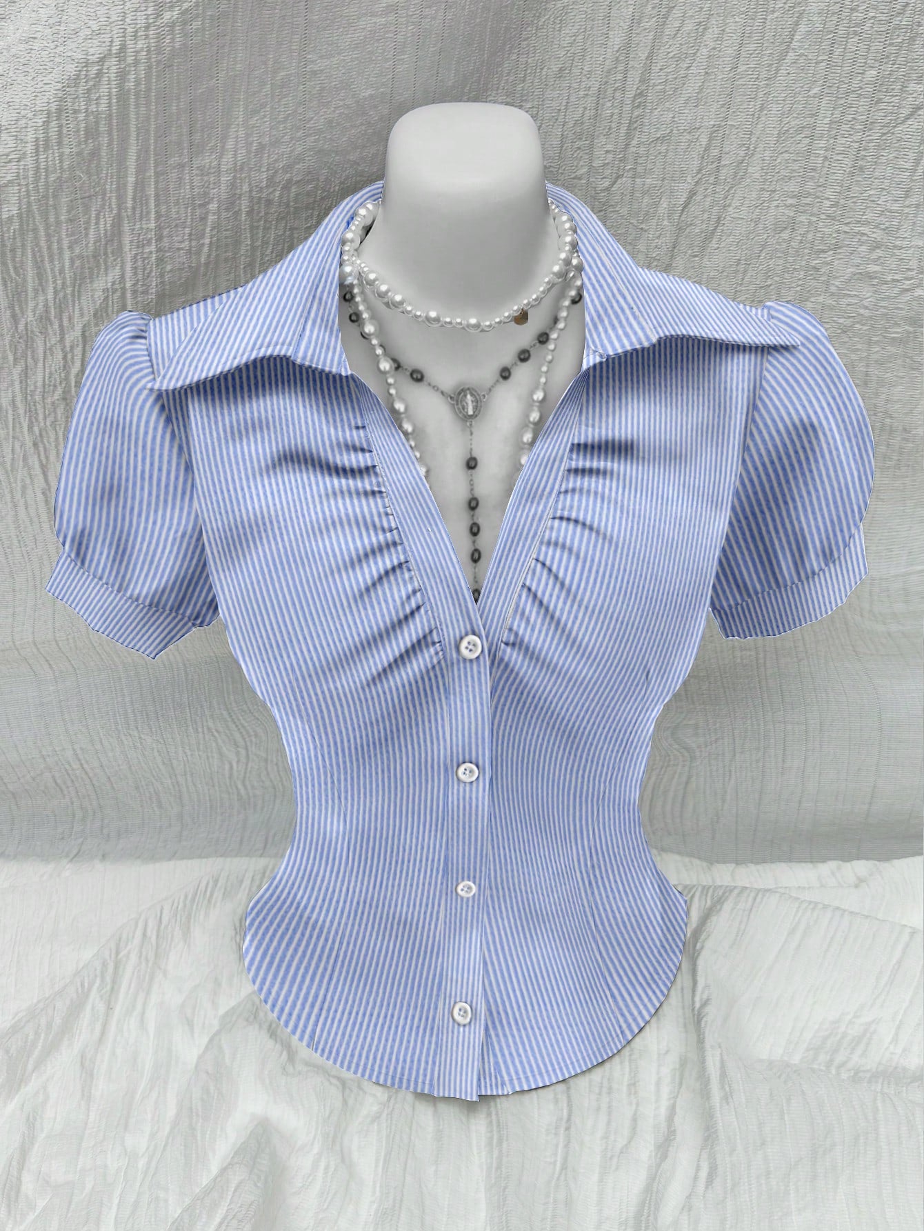 Sweetra V Neck Ruched Keyhole Front Fitted Short Sleeve Shirt, Fashionable And Versatile For Office,Short Sleeve Tops Blue and White