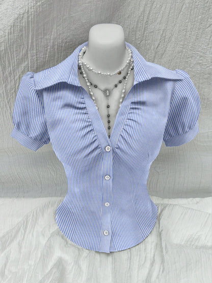 Sweetra V Neck Ruched Keyhole Front Fitted Short Sleeve Shirt, Fashionable And Versatile For Office,Short Sleeve Tops Blue and White