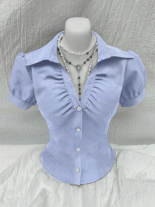 Sweetra V Neck Ruched Keyhole Front Fitted Short Sleeve Shirt, Fashionable And Versatile For Office,Short Sleeve Tops Blue and White