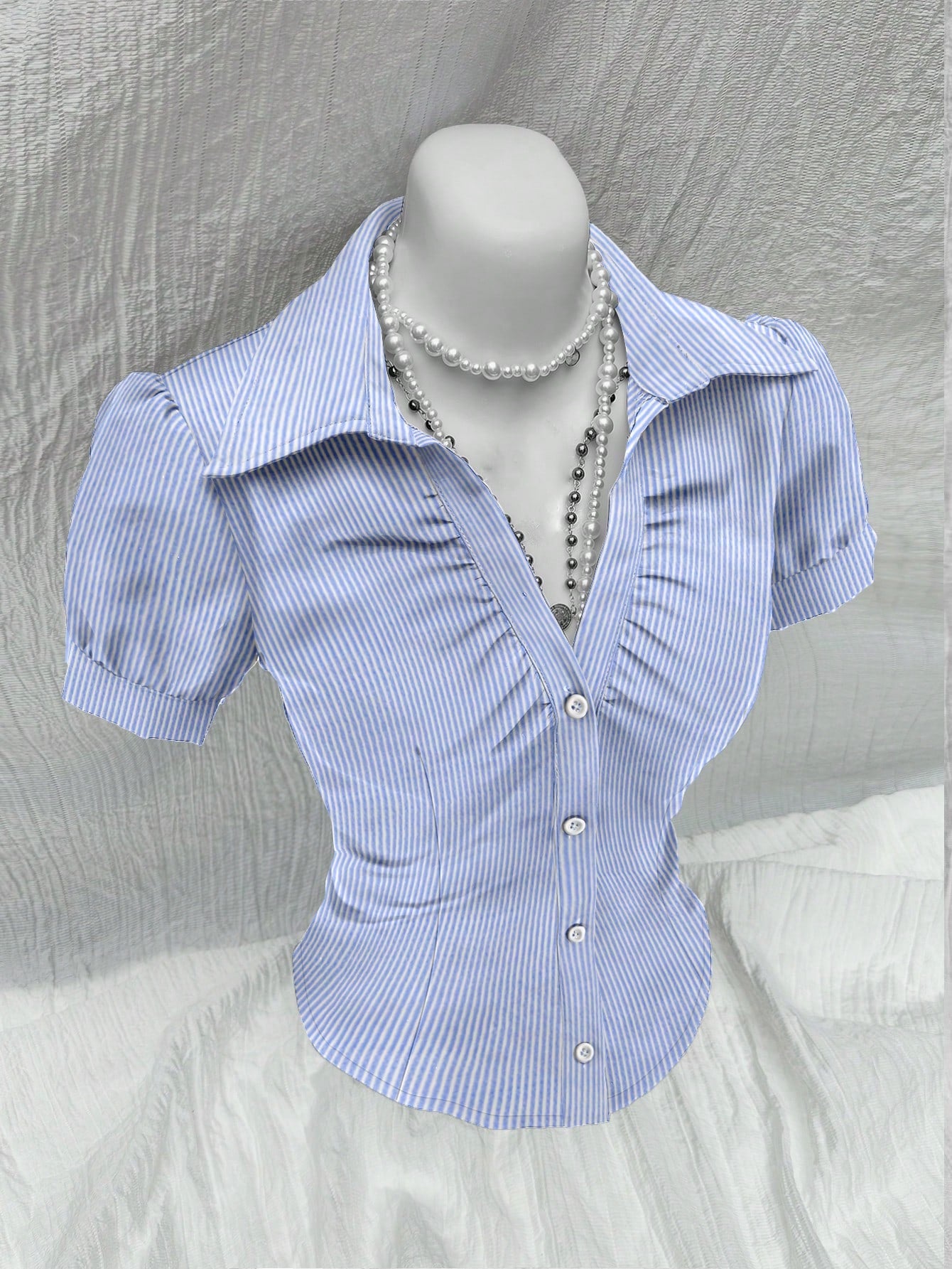 Sweetra V Neck Ruched Keyhole Front Fitted Short Sleeve Shirt, Fashionable And Versatile For Office,Short Sleeve Tops Blue and White