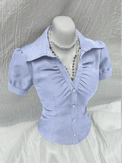 Sweetra V Neck Ruched Keyhole Front Fitted Short Sleeve Shirt, Fashionable And Versatile For Office,Short Sleeve Tops Blue and White