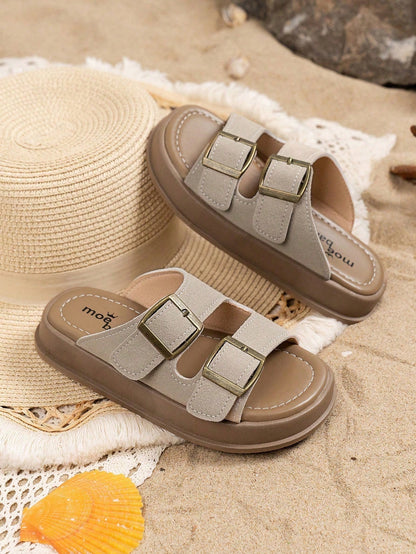Summer Soft Sole Kids Slippers Sandals Flat Shoes Beach Shoes Unisex Big Kids Open Toe Retro Flip Flops Non-Slip Beige