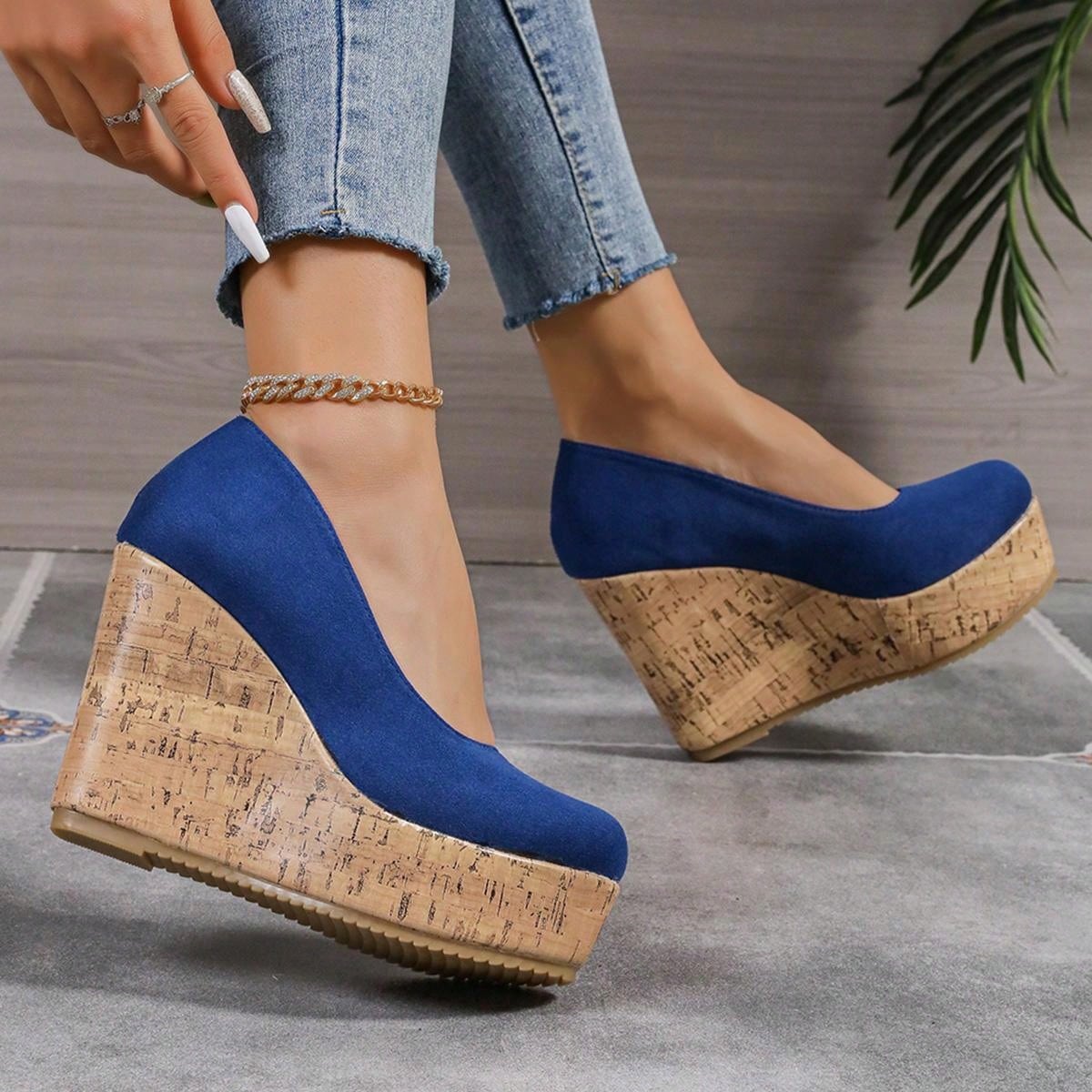 10cm Platform Women Casual Sneakers Comfortable Chunky Block Heel Color Block Slip-On Moccasins Royal Blue