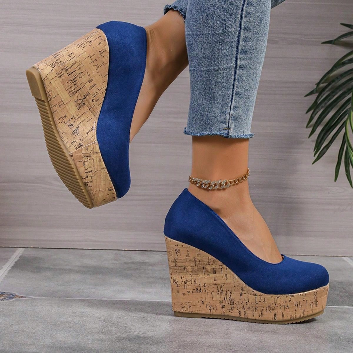 10cm Platform Women Casual Sneakers Comfortable Chunky Block Heel Color Block Slip-On Moccasins Royal Blue
