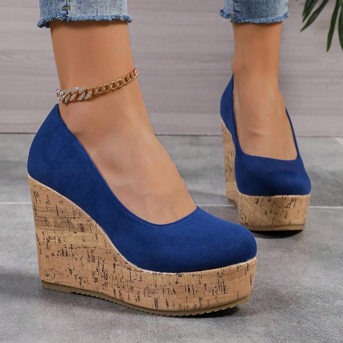 10cm Platform Women Casual Sneakers Comfortable Chunky Block Heel Color Block Slip-On Moccasins Royal Blue