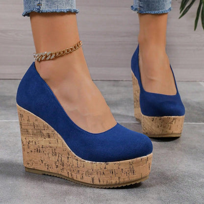 10cm Platform Women Casual Sneakers Comfortable Chunky Block Heel Color Block Slip-On Moccasins Royal Blue