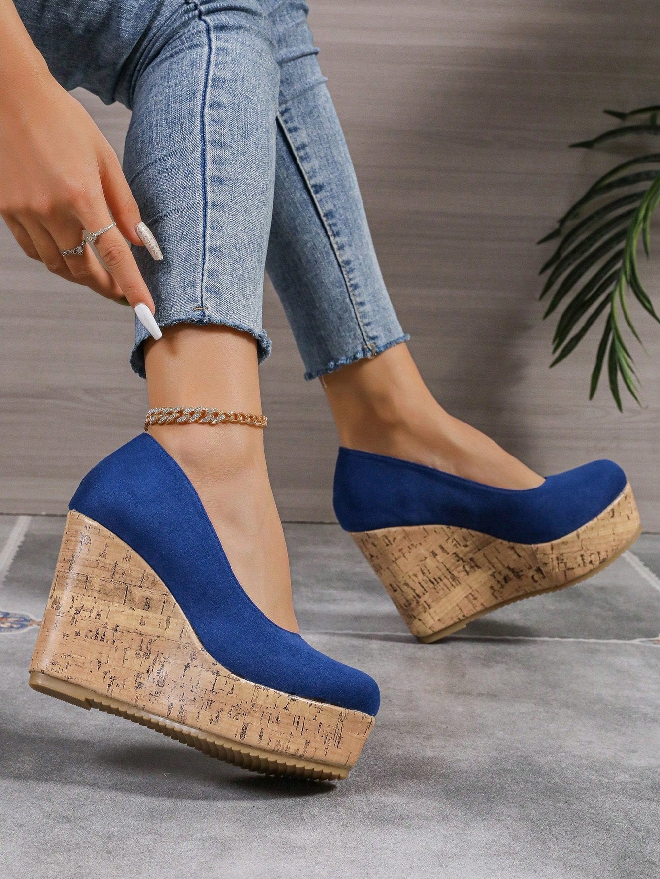 10cm Platform Women Casual Sneakers Comfortable Chunky Block Heel Color Block Slip-On Moccasins Royal Blue