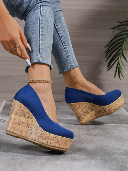 10cm Platform Women Casual Sneakers Comfortable Chunky Block Heel Color Block Slip-On Moccasins Royal Blue