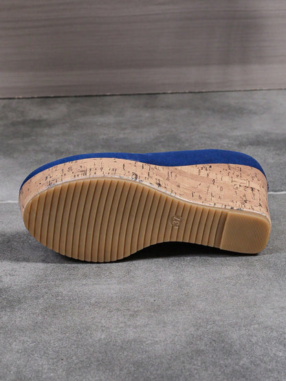 10cm Platform Women Casual Sneakers Comfortable Chunky Block Heel Color Block Slip-On Moccasins Royal Blue