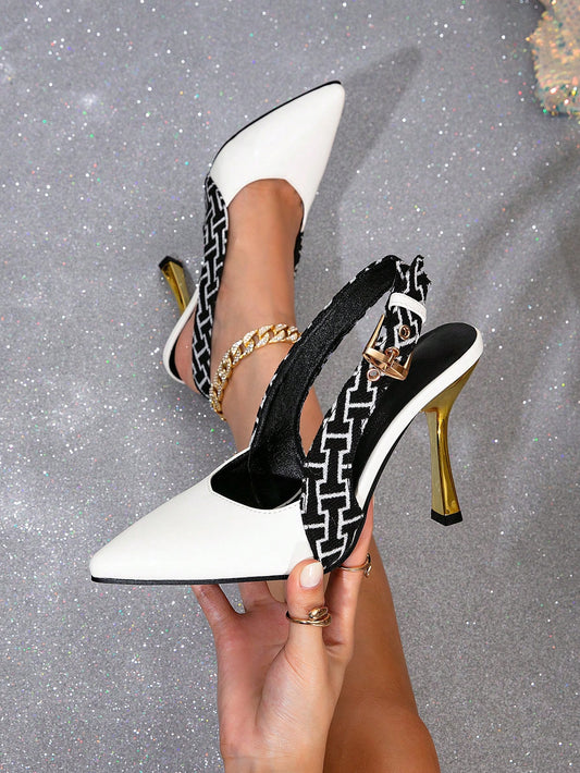 Women's High Heel Mule Shoes, Stylish Pointed Toe Thin Heeled White Comfortable Party Dress Shoes Black and White