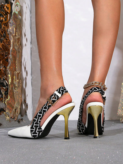 Women's High Heel Mule Shoes, Stylish Pointed Toe Thin Heeled White Comfortable Party Dress Shoes Black and White