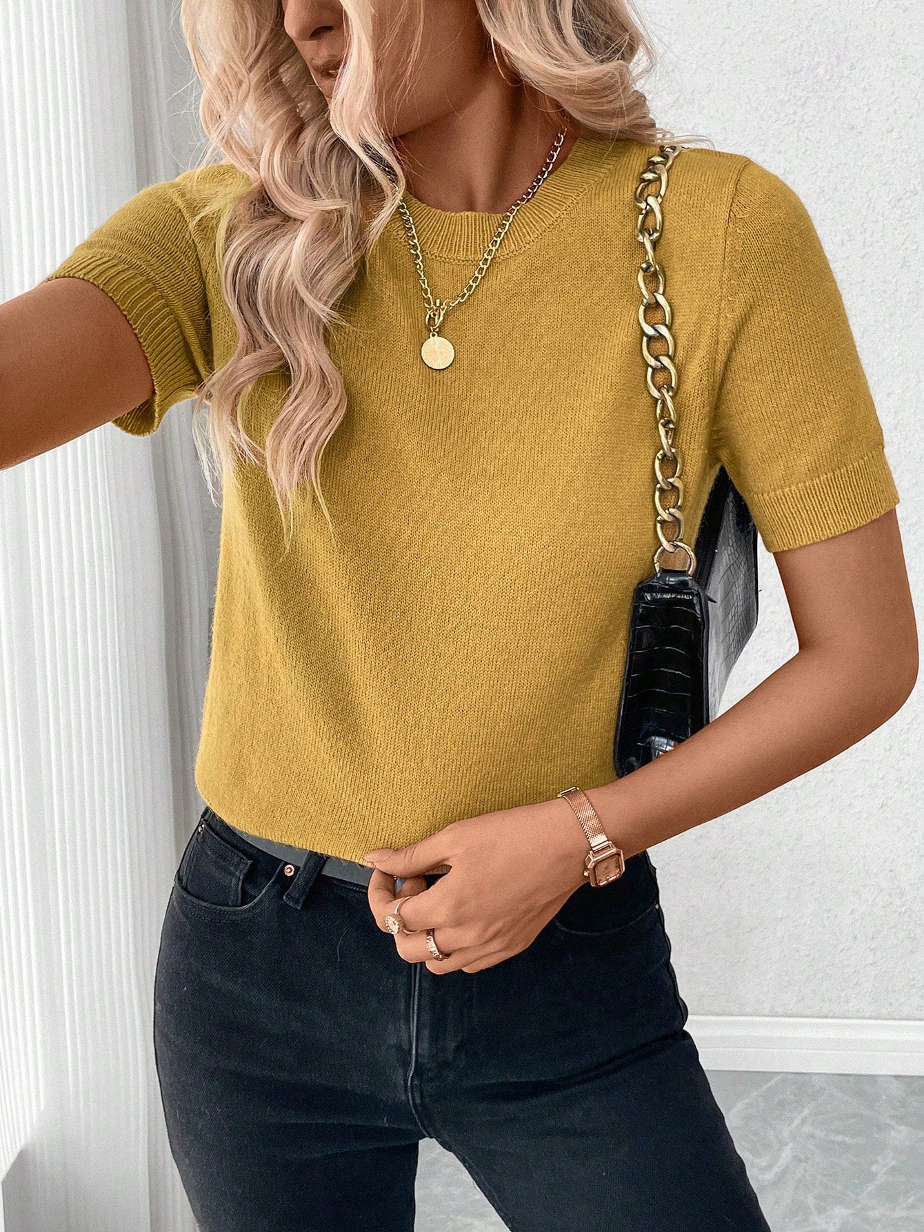 SHEIN Franclia Women's Solid Color Simple Daily Round Neck Short Sleeve Knit Top Mustard Yellow