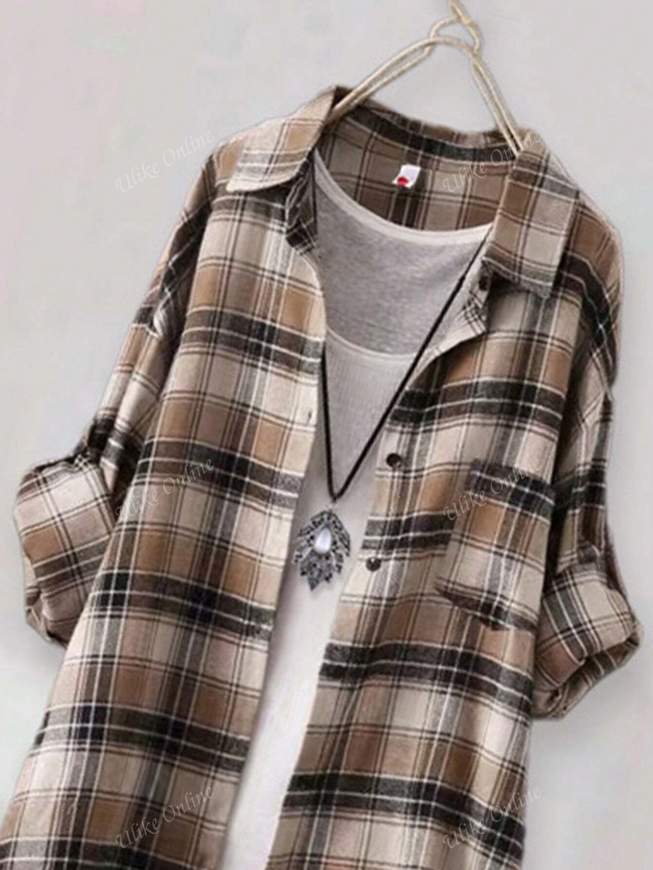 Women's Casual Long Sleeved Checkered Shirt, Autumn Yellow