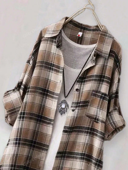 Women's Casual Long Sleeved Checkered Shirt, Autumn Yellow