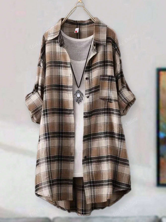Women's Casual Long Sleeved Checkered Shirt, Autumn Yellow