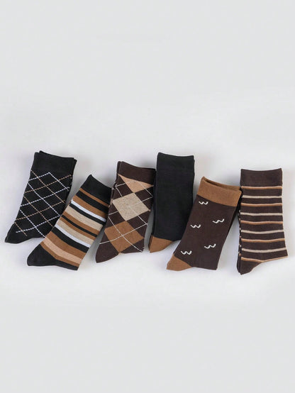 6 Pairs Men's Colorful Diamond Plaid Pattern Breathable Casual Dress Socks Multicolor