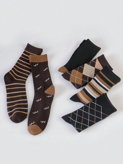 6 Pairs Men's Colorful Diamond Plaid Pattern Breathable Casual Dress Socks Multicolor