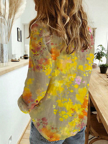Women's Fashion New Single-Breasted Long Sleeve Printed Shirt Yellow