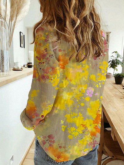 Women's Fashion New Single-Breasted Long Sleeve Printed Shirt Yellow