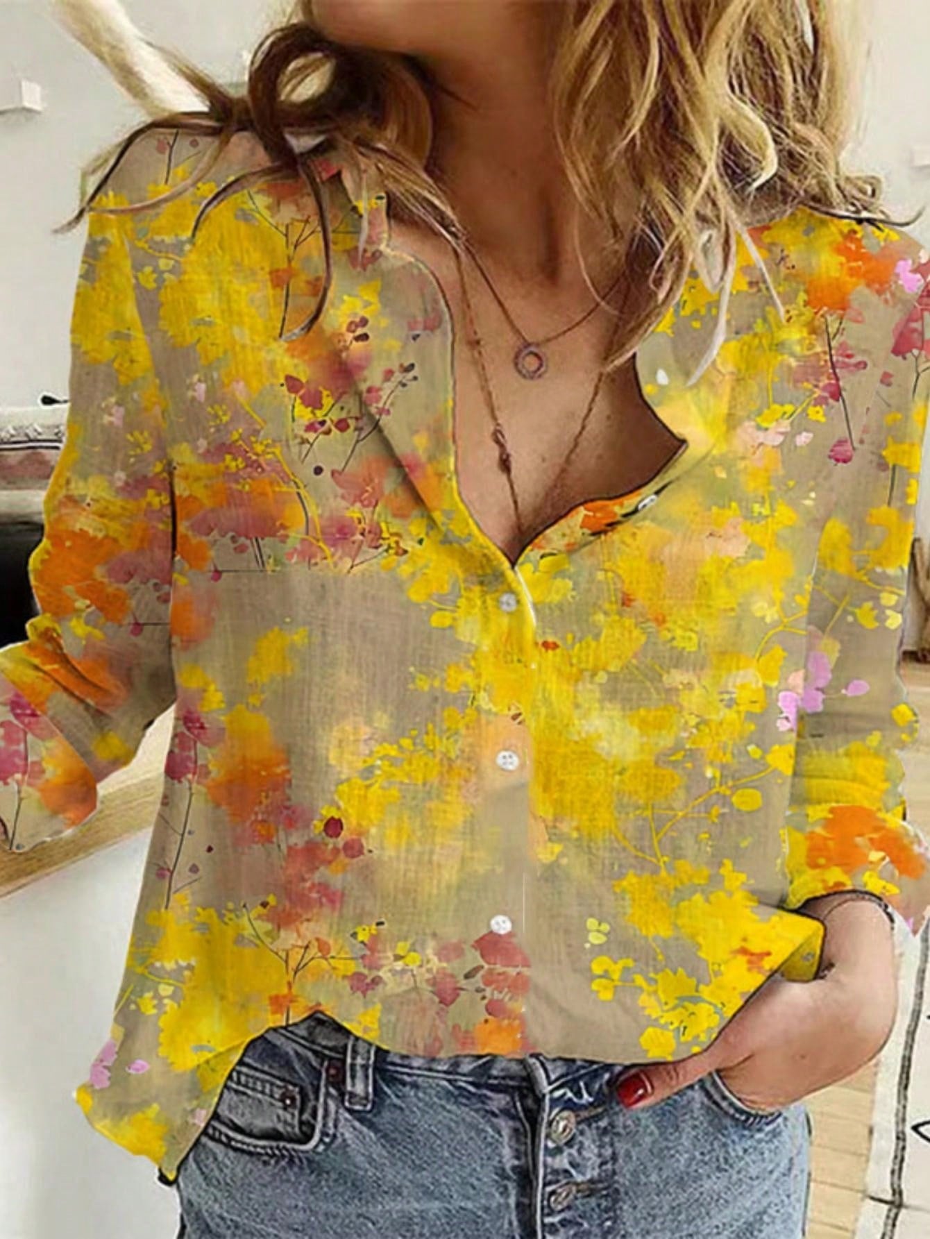 Women's Fashion New Single-Breasted Long Sleeve Printed Shirt Yellow