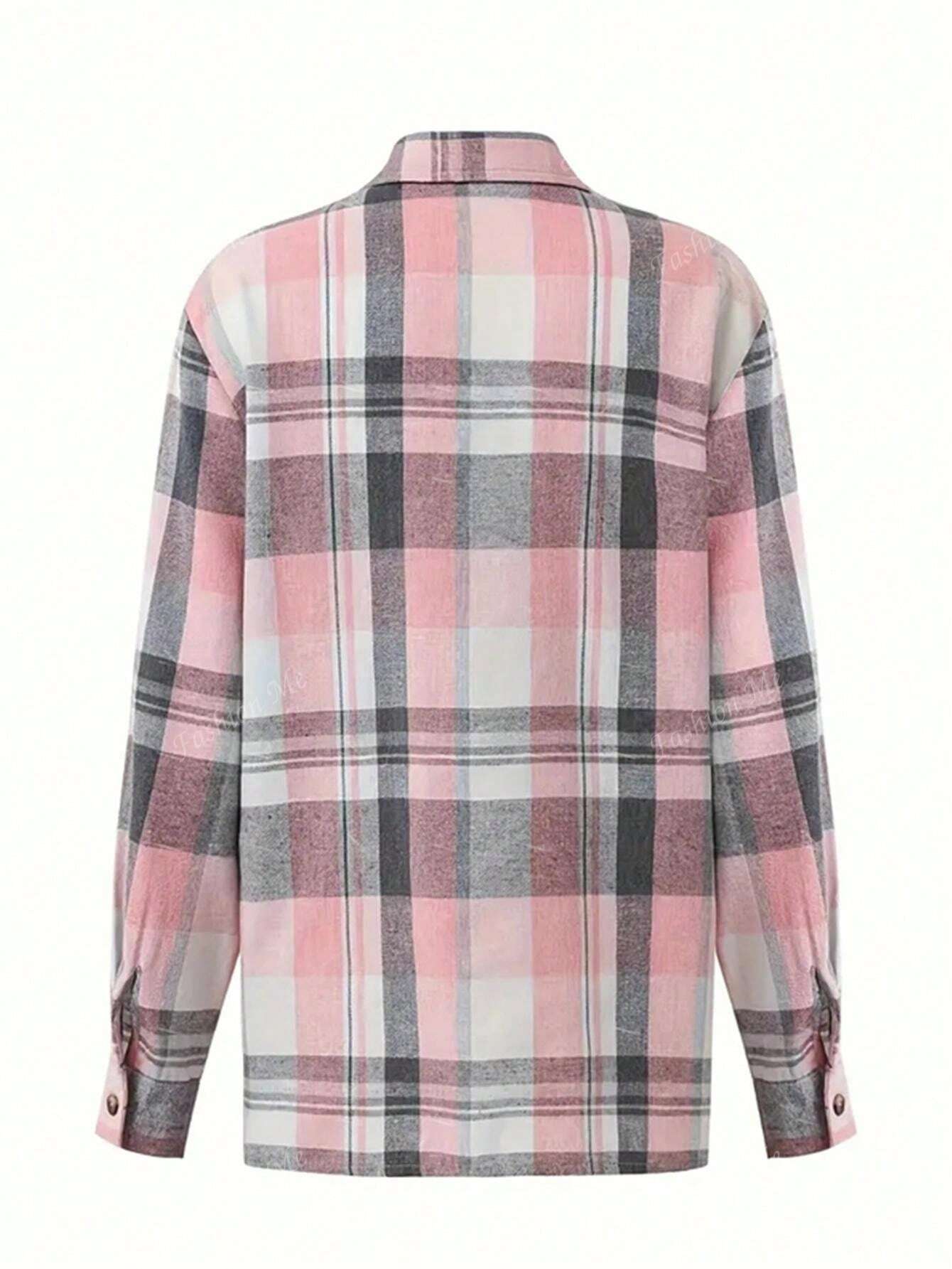 Plaid Button-Down Long Sleeve Casual Shirt With Pockets,Long Sleeve Tops Pink