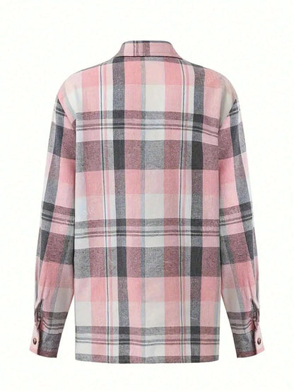Plaid Button-Down Long Sleeve Casual Shirt With Pockets,Long Sleeve Tops Pink