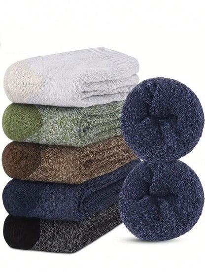 5 Pairs Men's Warm Thermal Lined Thermal Socks, Thick Cushioned Mid-Calf Hiking Socks, Fit US Size 4.5-9 / UK Size 3.5-8 / EU Size 36-43, Winter Multicolor