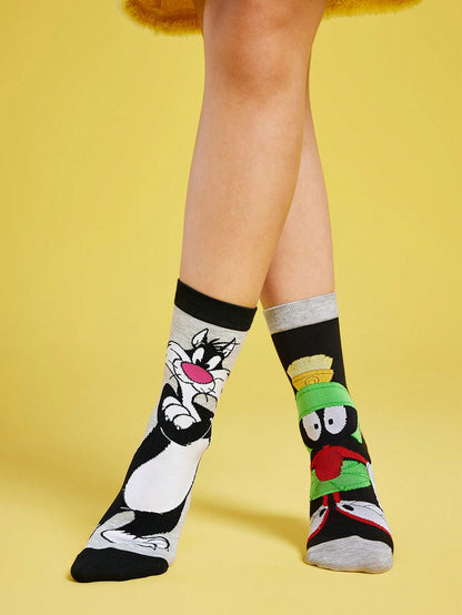 LOONEY TUNES X SHEIN 2 Pairs Women's Asymmetric Cartoon Pattern Color Block Mid-Calf Socks Multicolor