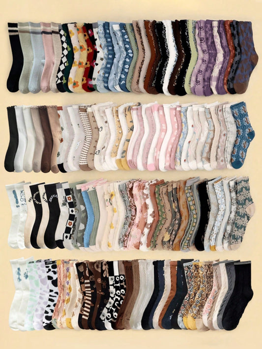 20pairs Women Retro 3D Floral Print Casual Comfortable Mid-Calf Socks Multicolor