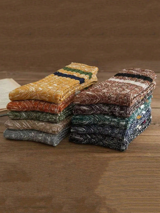 5 Pairs/10 Pairs BohemianRandom Color Autumn/Winter Mid-Calf Socks, Thick Yarn Mid-Calf Socks, Vertical Stripes Street Two-Bar Mid-Calf Socks Multicolor