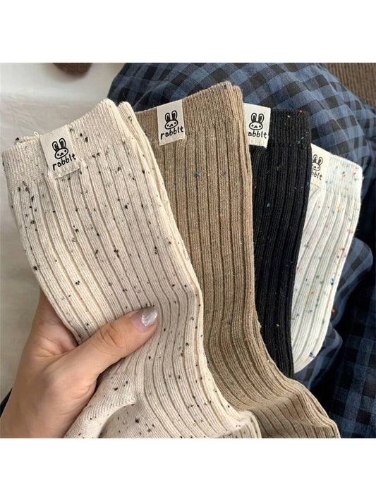 4 Pairs Women Solid Color Mid-Calf Socks, Casual Breathable Fashion Socks, Women Short Socks & Pantyhose, Rabbit Design Socks, Suitable For Easter Gifts Multicolor