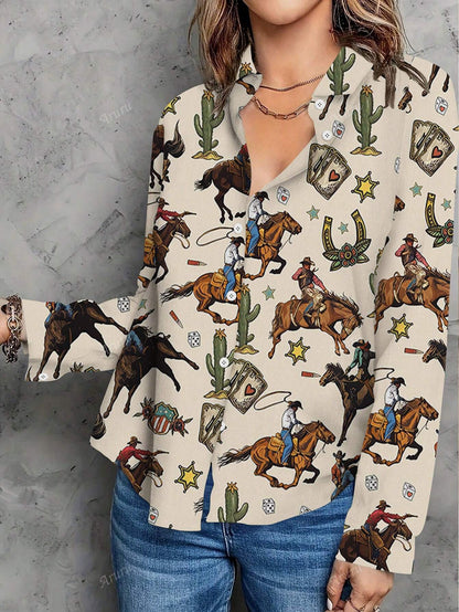New Casual Floral Print Button-Up Shirt For Women Color