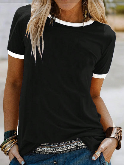 SHEIN LUNE Women's Summer Color-Blocked Round Neck Short Sleeve Casual T-Shirt Graphic Tees Women Tops Black