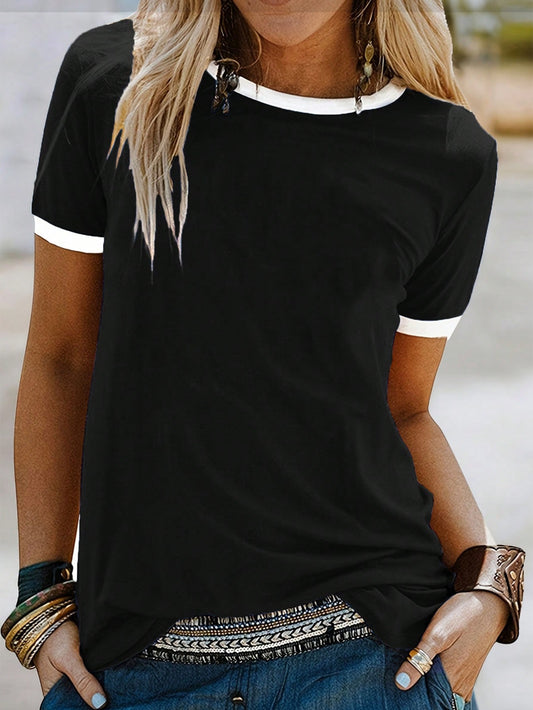SHEIN LUNE Women's Summer Color-Blocked Round Neck Short Sleeve Casual T-Shirt Graphic Tees Women Tops Black