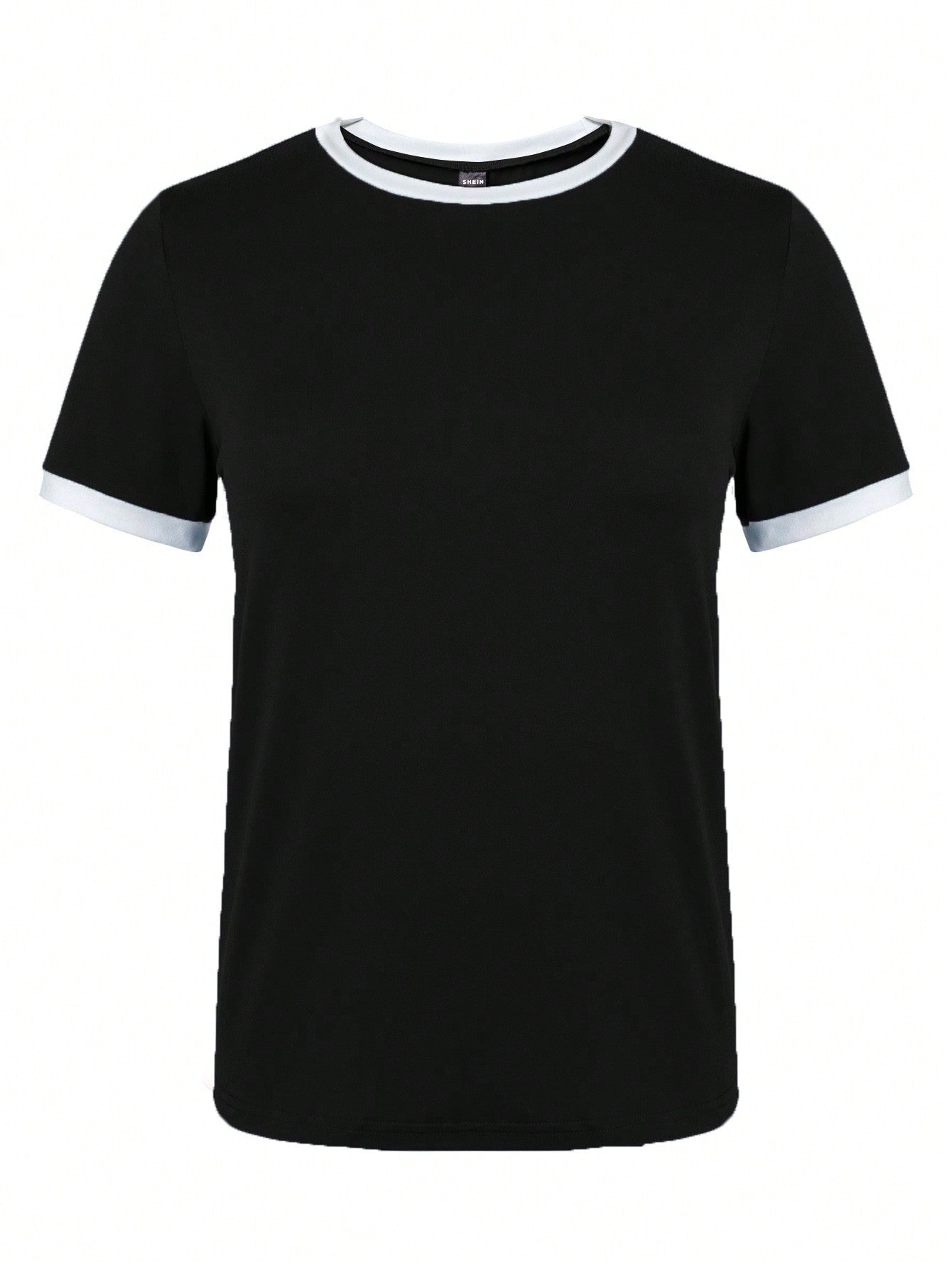 SHEIN LUNE Women's Summer Color-Blocked Round Neck Short Sleeve Casual T-Shirt Graphic Tees Women Tops Black