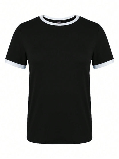 SHEIN LUNE Women's Summer Color-Blocked Round Neck Short Sleeve Casual T-Shirt Graphic Tees Women Tops Black