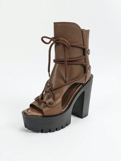 Women's New Fashion Platform Lightweight High Heel Hollow Lace-Up Retro Roman Sandals, Black/Brown Ankle Boots And Open-Toe Booties Mocha Brown