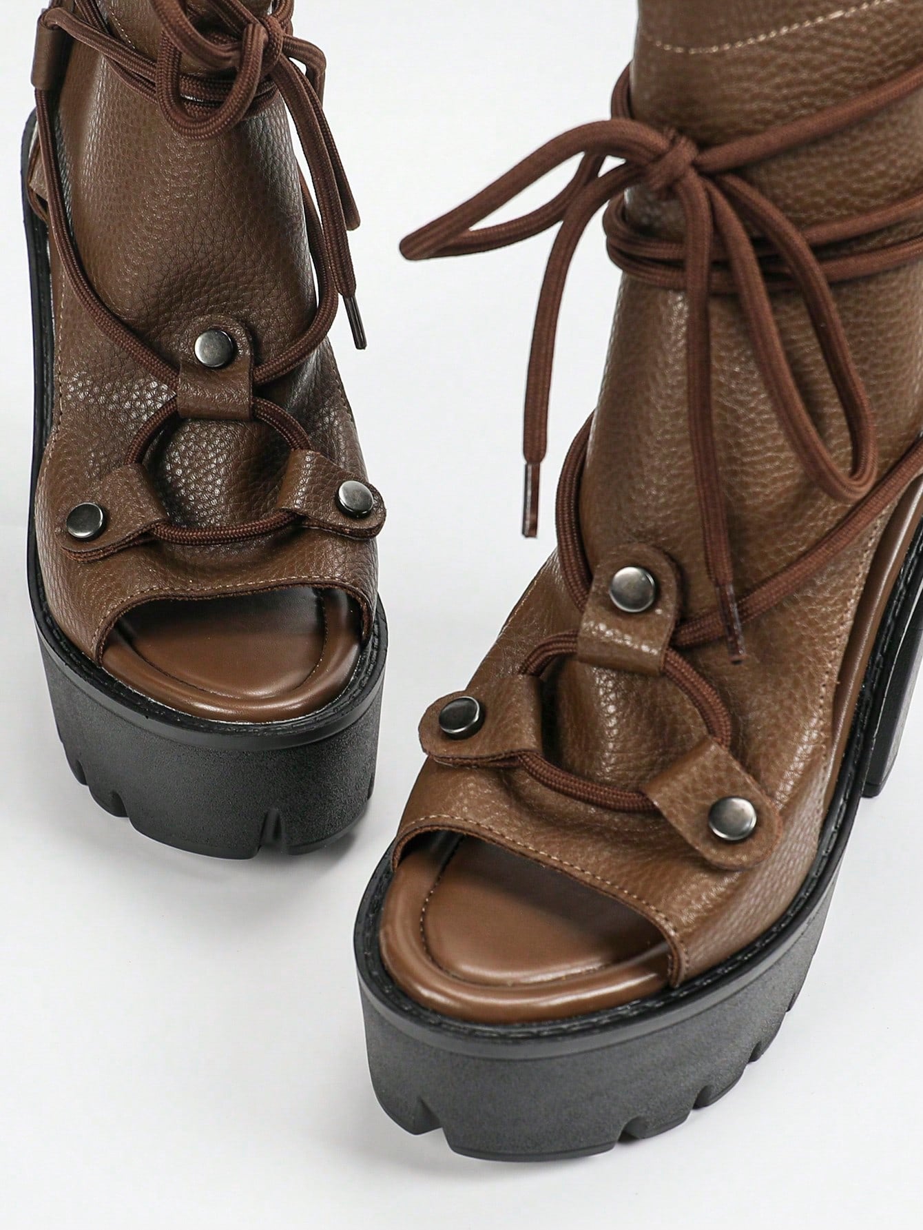Women's New Fashion Platform Lightweight High Heel Hollow Lace-Up Retro Roman Sandals, Black/Brown Ankle Boots And Open-Toe Booties Mocha Brown