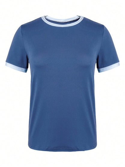 EMERY ROSE Women's Contrast Binding T-Shirt Graphic Tees Women Tops Blue