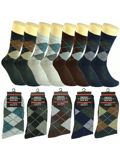 3-12 Pairs Mens Diamond Argyle Cotton Mid Calf Crew Work Dress Socks Size 10-13 12 Pairs