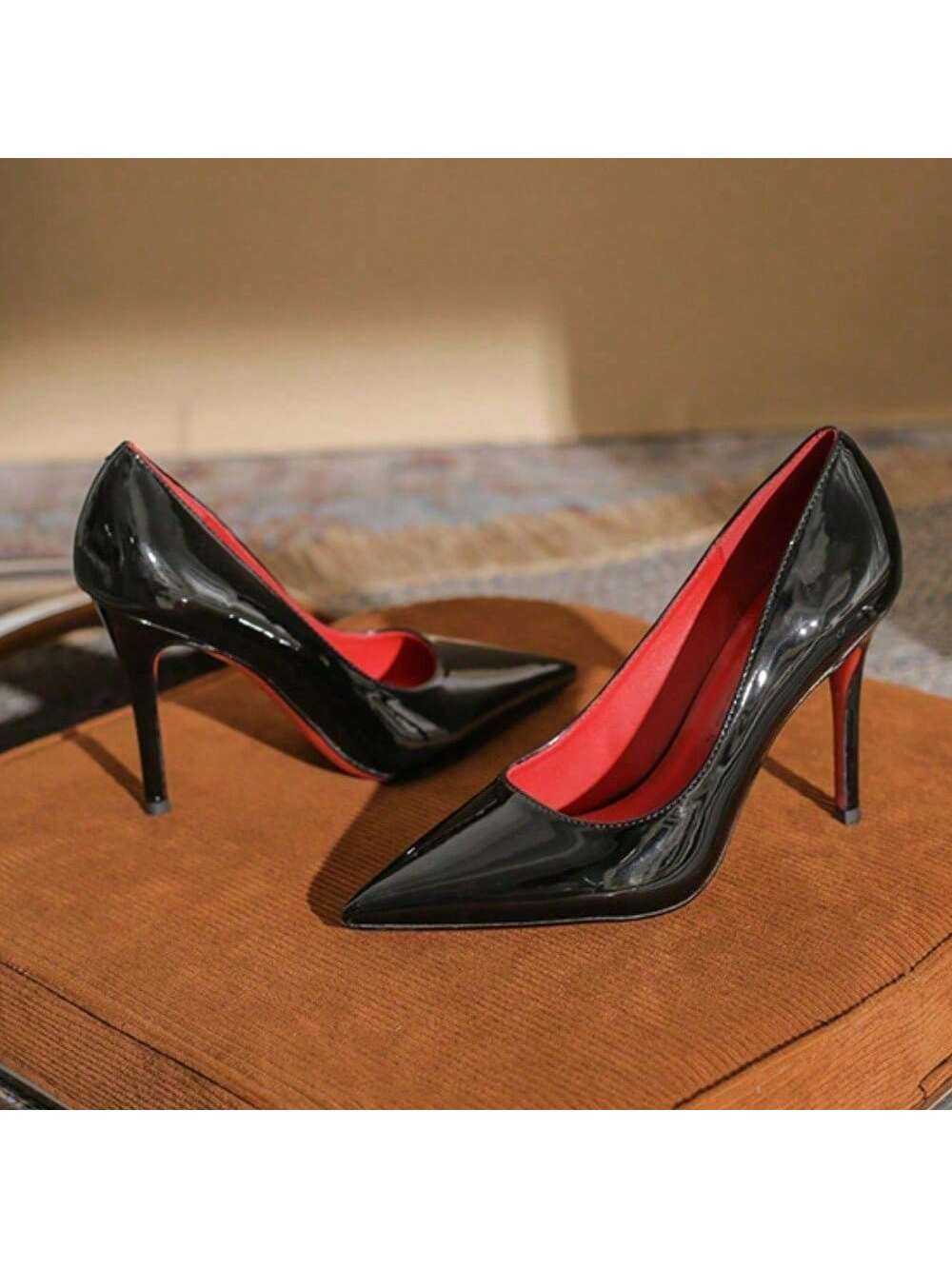 Ladies New Style Red Bottom Black High Heels Female Stilettos Sexy Nightclub Patent Leather Desire Style Banquet Dinner Ladies High Heels Single Shoes Black-7cm